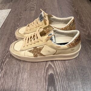 Golden Goose Women's Beige and Gold Glitter Sneakers
